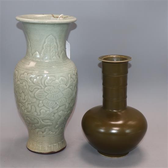 A Chinese celadon ground vase and a tea dust glazed bottle vase height 30cm (a.f)